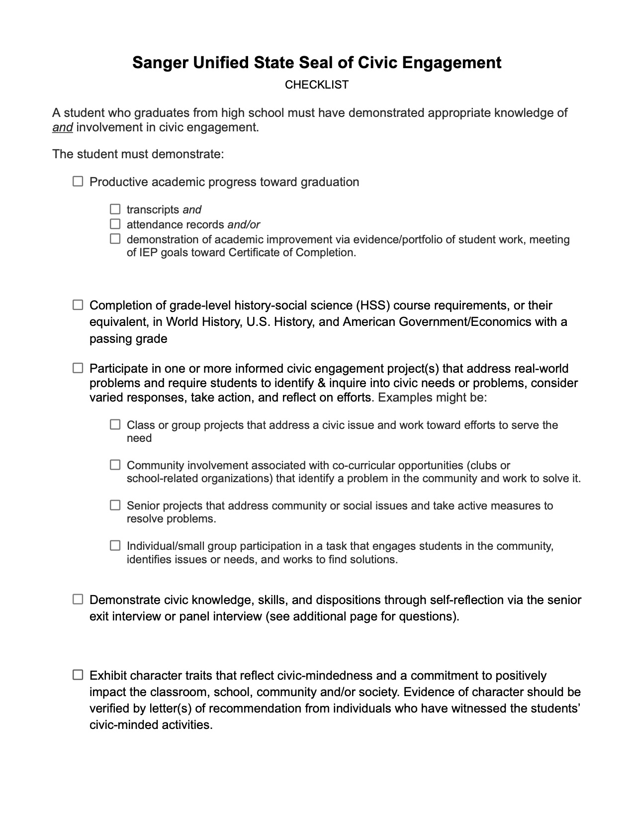 State Seal of Civic Engagement Checklist